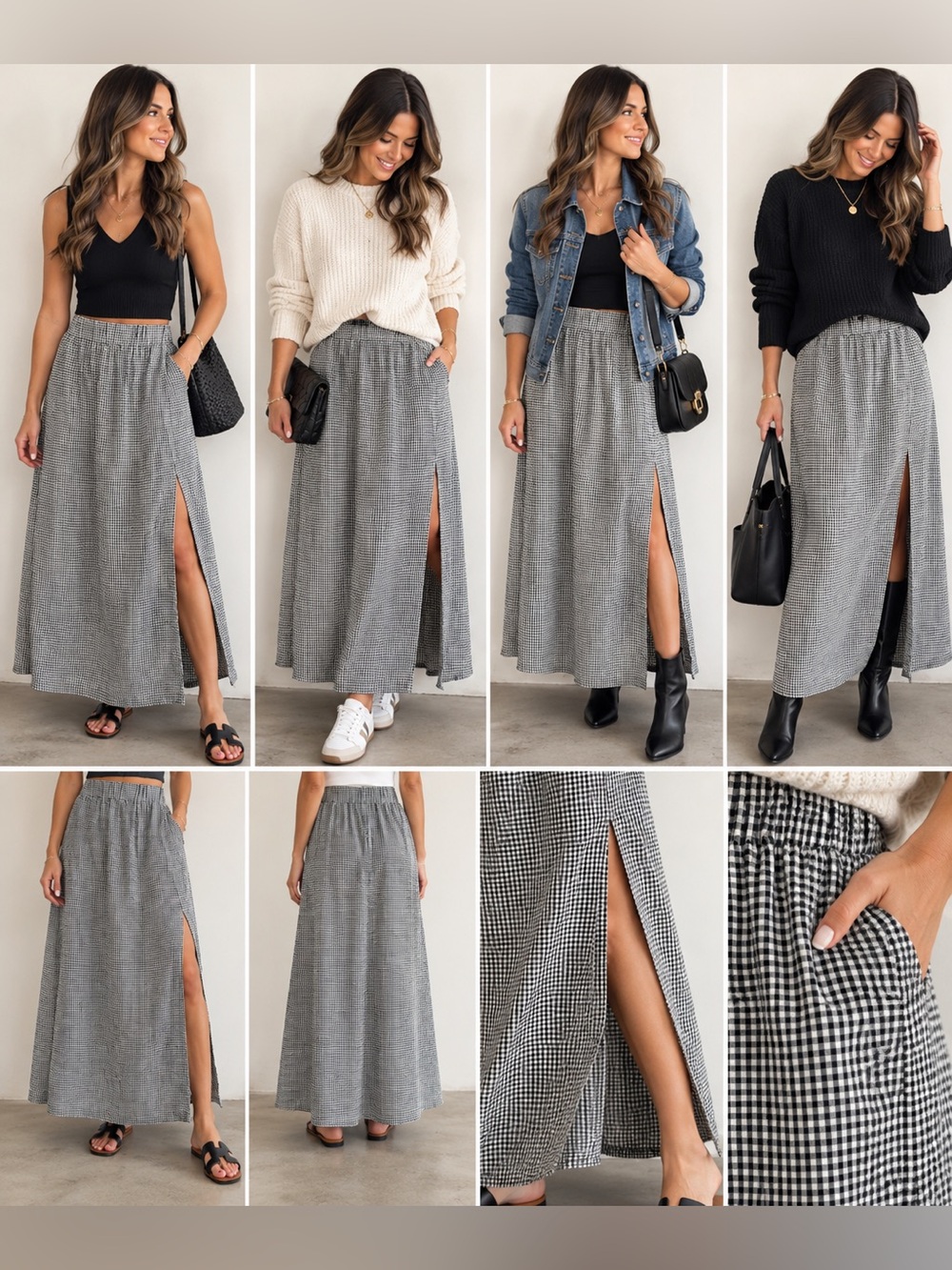 Quince Black & White Gingham Maxi Skirt with Side Slit New
